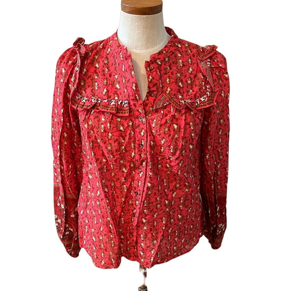 Joie Long Sleeve Ruffle Detail Top Dark Pink Print S